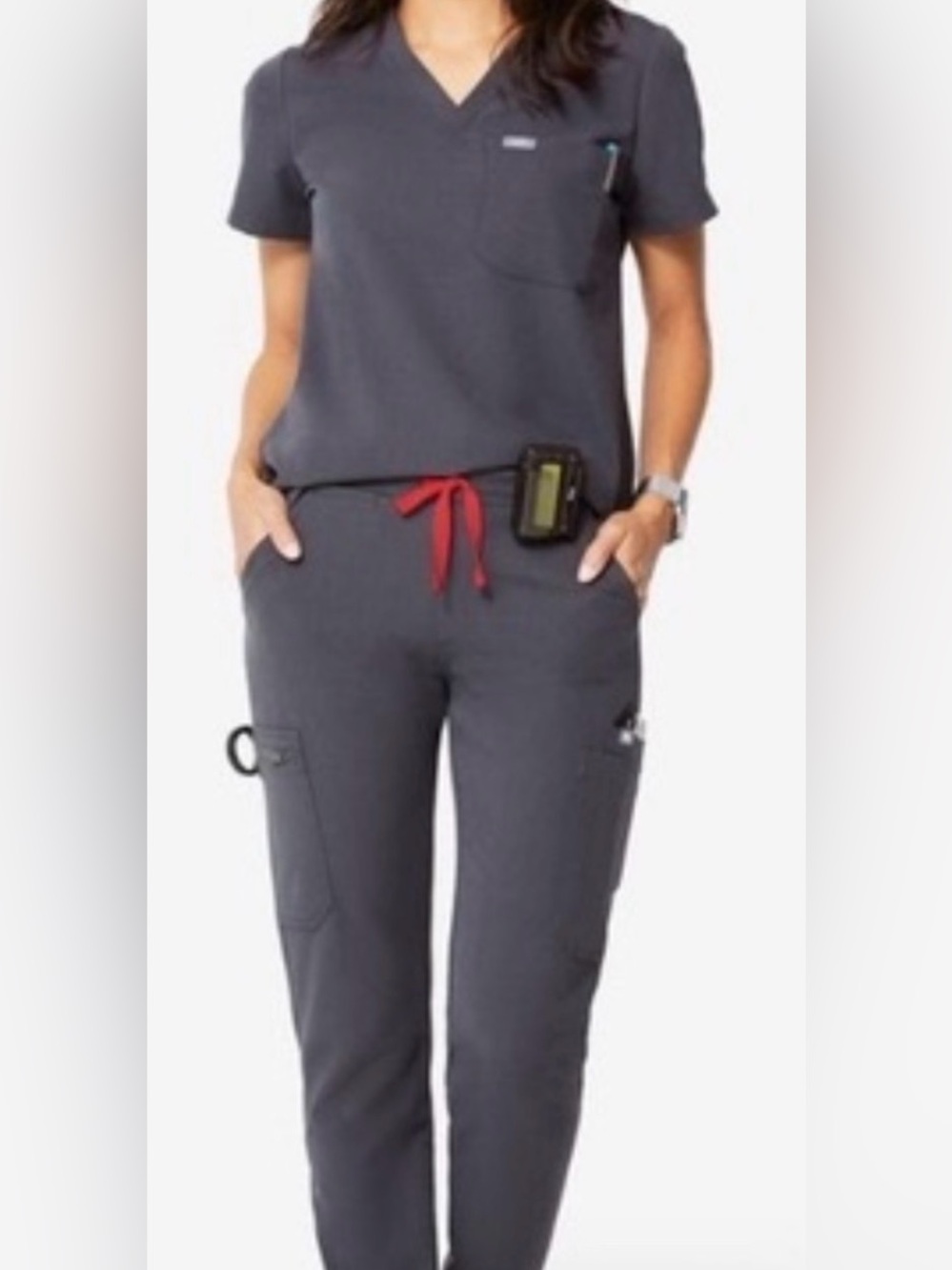 FIGS Charcoal Gray Scrub Set Medium Top + Medium Petite Pants Technical EUC